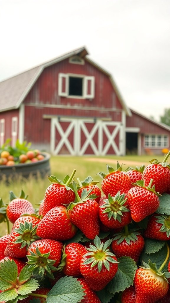 35 Stunning Strawberry Wallpaper Designs for a Fresh Look A close-up of fresh strawberries with a rustic red barn in the background.