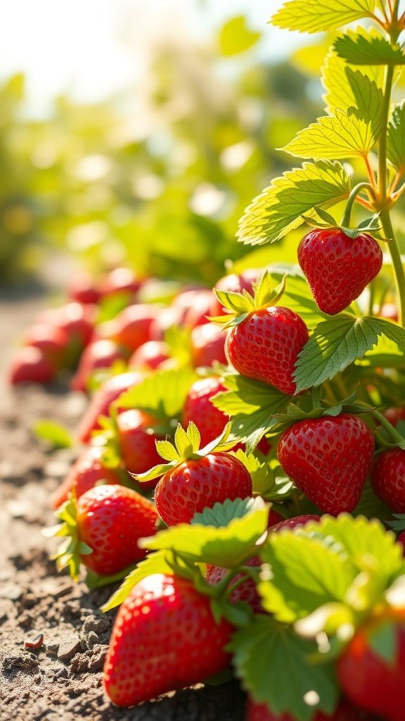 35 Stunning Strawberry Wallpaper Designs for a Fresh Look A close-up of ripe strawberries growing in a sunlit field, surrounded by green leaves.