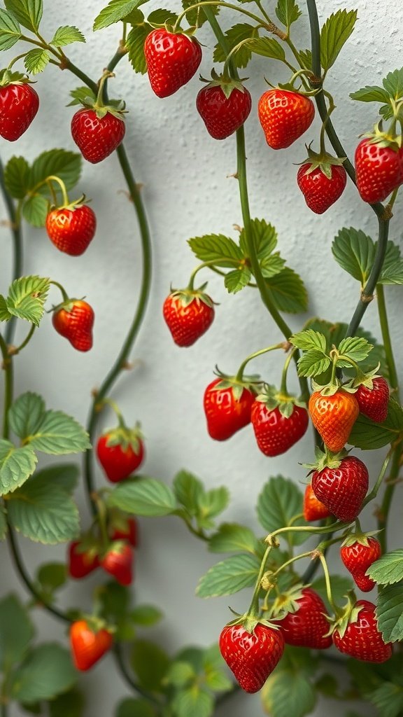 35 Stunning Strawberry Wallpaper Designs for a Fresh Look Strawberry wallpaper featuring red strawberries and green vines on a white background.