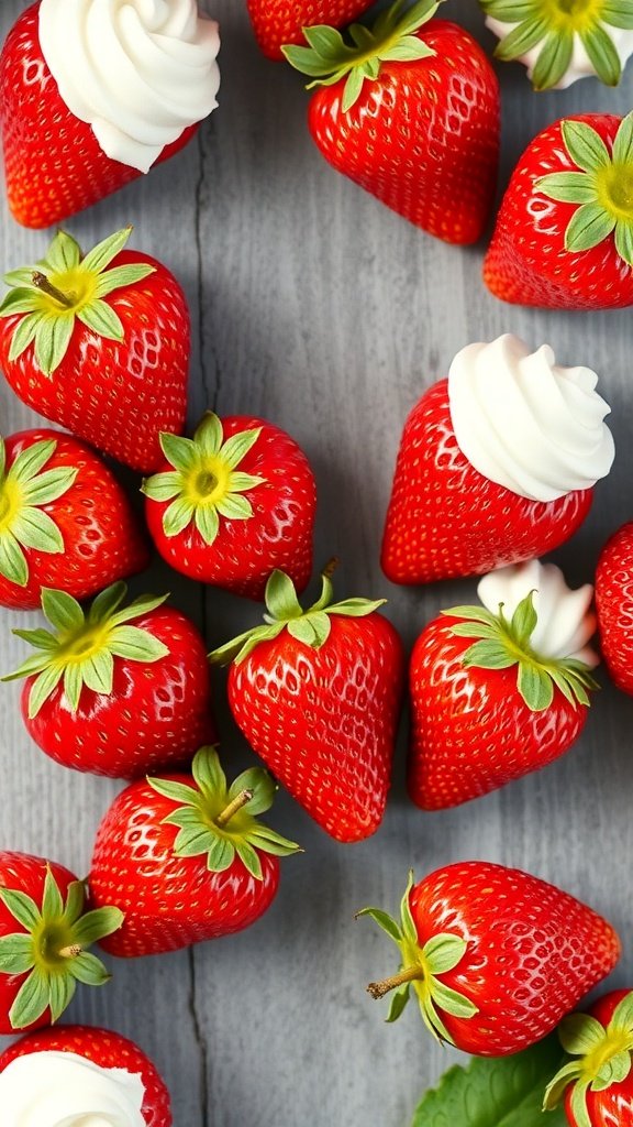 35 Stunning Strawberry Wallpaper Designs for a Fresh Look A close-up of fresh strawberries topped with whipped cream on a wooden surface.