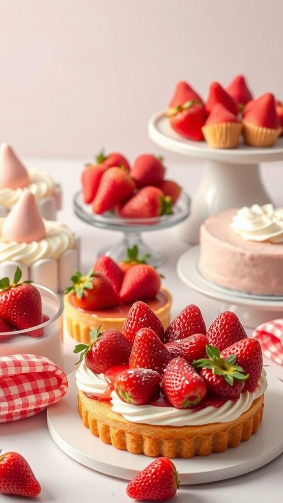 35 Stunning Strawberry Wallpaper Designs for a Fresh Look A variety of strawberry desserts including cakes and tarts, beautifully arranged with fresh strawberries on top.