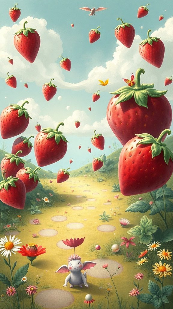 35 Stunning Strawberry Wallpaper Designs for a Fresh Look A whimsical landscape filled with oversized strawberries, colorful flowers, and a small creature with wings, creating a magical atmosphere.