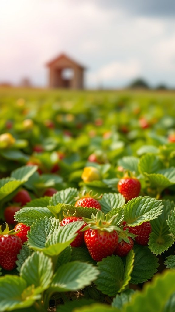 35 Stunning Strawberry Wallpaper Designs for a Fresh Look A field of ripe strawberries with green leaves and a rustic shed in the background