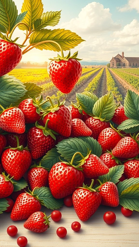 35 Stunning Strawberry Wallpaper Designs for a Fresh Look A vibrant mural featuring ripe strawberries, lush green leaves, and a scenic background with a farmhouse and strawberry fields.