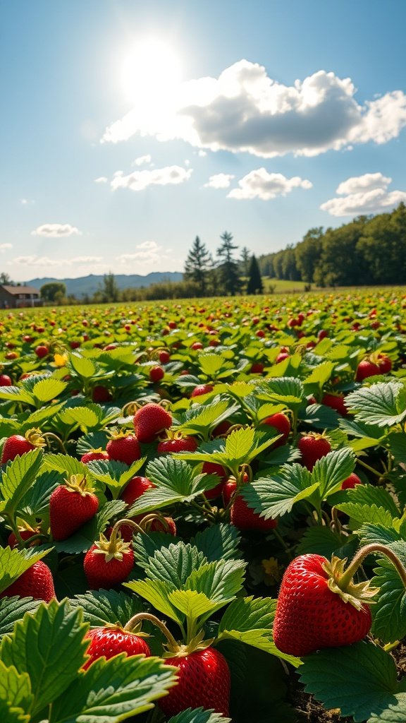 35 Stunning Strawberry Wallpaper Designs for a Fresh Look A sunny strawberry patch with ripe strawberries and green leaves under a bright sky.