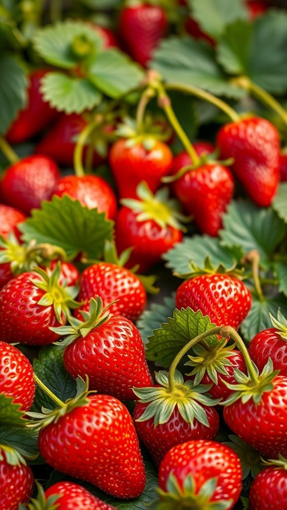 35 Stunning Strawberry Wallpaper Designs for a Fresh Look A close-up of fresh strawberries with green leaves.