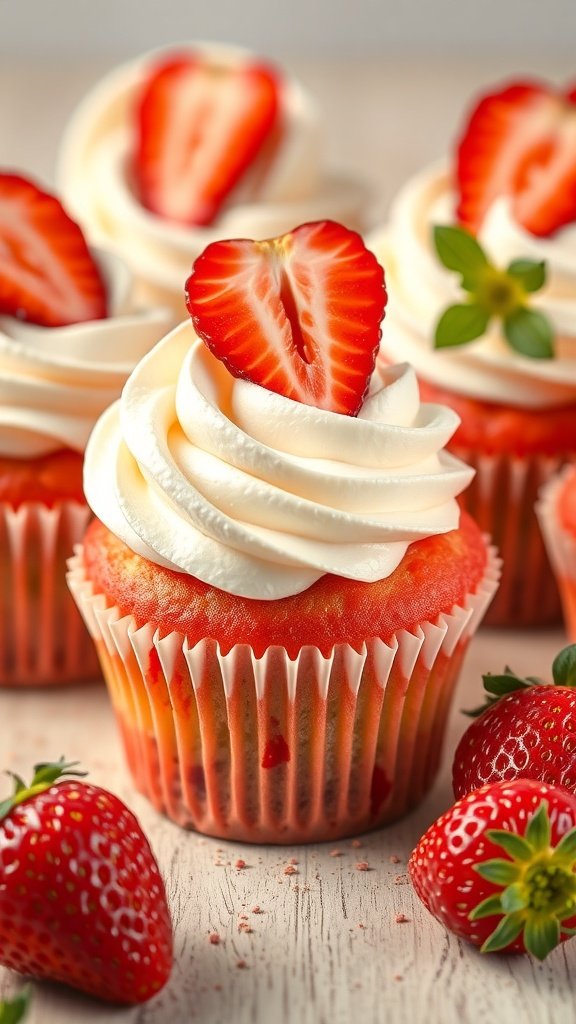 25 Creative Gender Reveal Cupcake Ideas to Celebrate Your Baby's Arrival Delicious strawberry shortcake gender reveal cupcakes topped with whipped cream and fresh strawberries