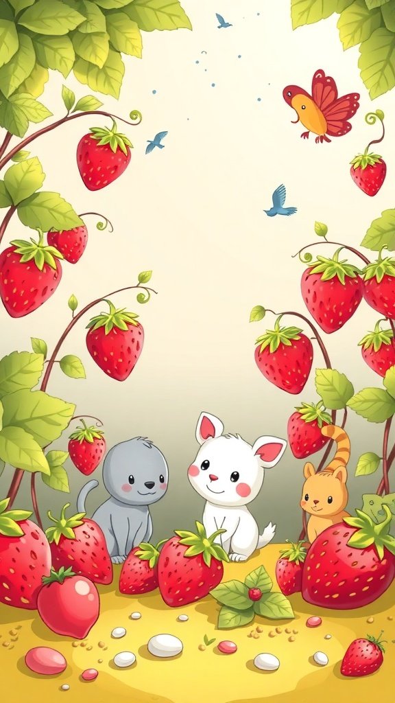 35 Stunning Strawberry Wallpaper Designs for a Fresh Look Colorful strawberry wallpaper featuring cute animals and strawberries