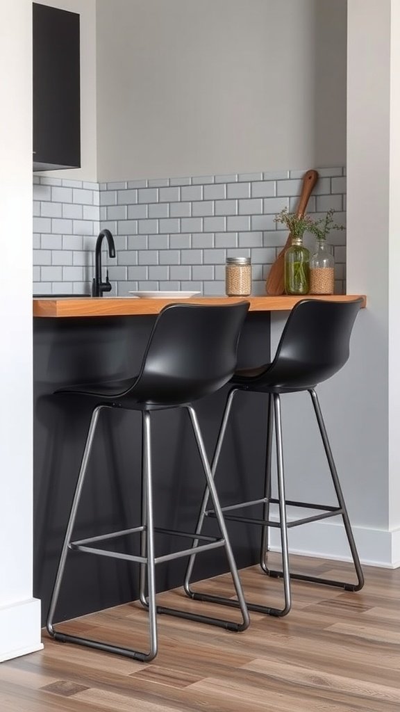 50 Creative Tiny Cottage Kitchen Ideas for Space-Savvy Living Stylish black bar stools at a small kitchen counter with a modern design.