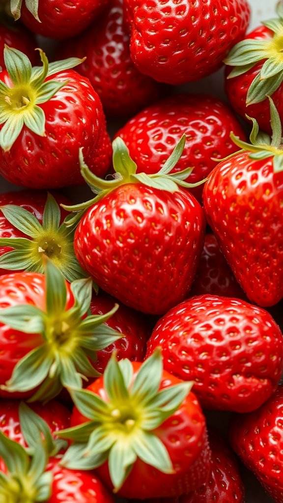 35 Stunning Strawberry Wallpaper Designs for a Fresh Look A close-up of fresh strawberries with vibrant red color and green leaves.