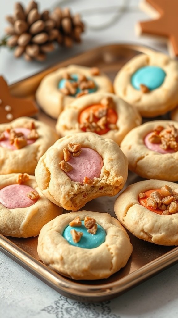 25 Creative Gender Reveal Cookie Ideas to Celebrate Your Big News A tray of colorful Toffee Crunch Gender Reveal Cookies with toffee bits on top.