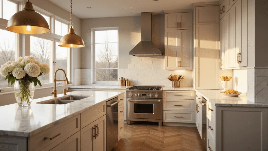 Beige Kitchen Cabinets: Your Ultimate Design & Inspiration Guide Photorealistic transitional kitchen with beige shaker cabinets, Calacatta marble countertops, brass pendant lights, and hardwood herringbone floors, illuminated by warm golden hour sunlight.