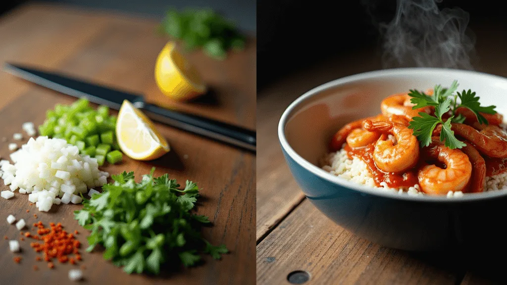 SHRIMP CREOLE: A LOUISIANA CLASSIC ONE-POT WONDER A split image showing two scenes: on the left, a wooden cutting board with freshly chopped Holy Trinity ingredients—green bell peppers, white onions, and celery—surrounded by a chef's knife and parsley; on the right, an overhead view of a glossy bowl of shrimp in Creole sauce over white rice, garnished with parsley, green onions, and a lemon wedge, with steam rising in dramatic lighting.