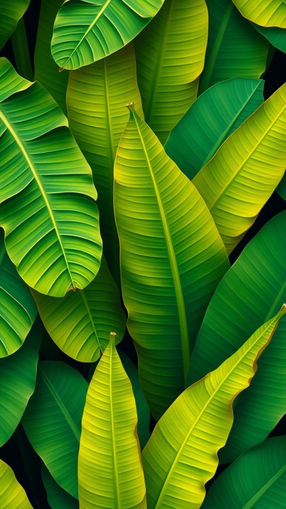 25 Creative Banana Wallpaper Designs for Your Phone A close-up of vibrant banana leaves in various shades of green.