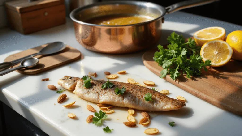 TROUT ALMONDINE: THE ULTIMATE FRENCH-INSPIRED SEAFOOD CLASSIC A beautifully styled French country kitchen scene featuring a perfectly seared rainbow trout fillet with crispy skin on a marble countertop, surrounded by toasted sliced almonds, fresh parsley, and halved lemons, with a bubbling brown butter sauce in a copper skillet. Natural light creates warm tones and dramatic shadows, highlighting the elegant rustic atmosphere.