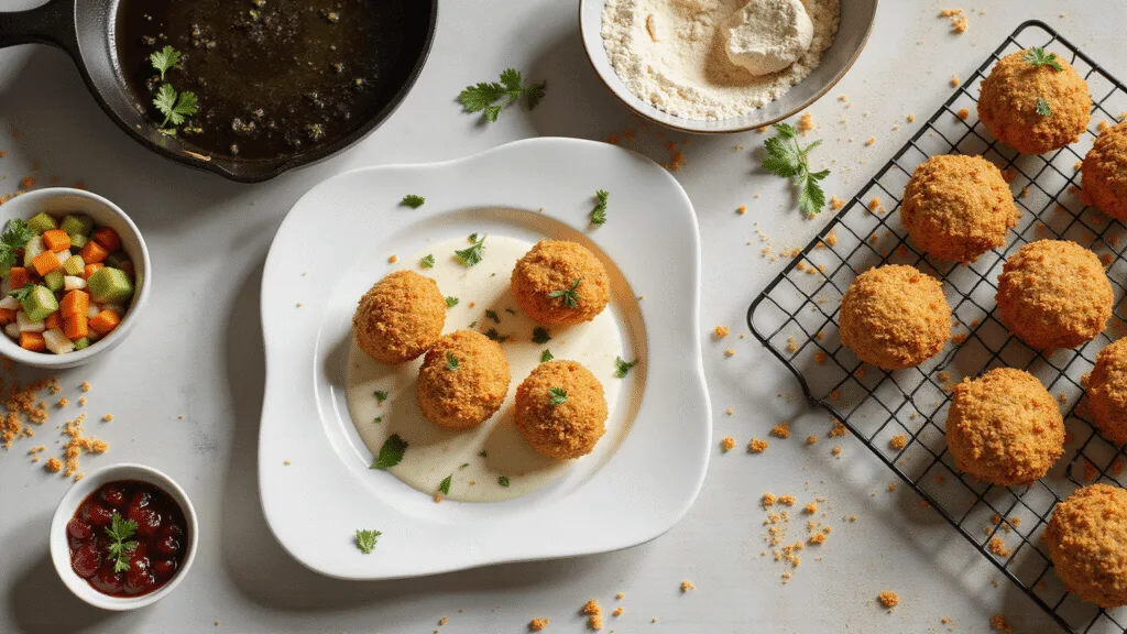 TURKEY CROQUETTES: TRANSFORM HOLIDAY LEFTOVERS INTO CRISPY MAGIC Cinematic overhead shot of turkey croquettes in preparation stages on a rustic marble countertop, featuring perfectly coated croquettes, fresh herbs, diced vegetables, and garnished finished croquettes on a cooling rack, all captured in warm natural light.