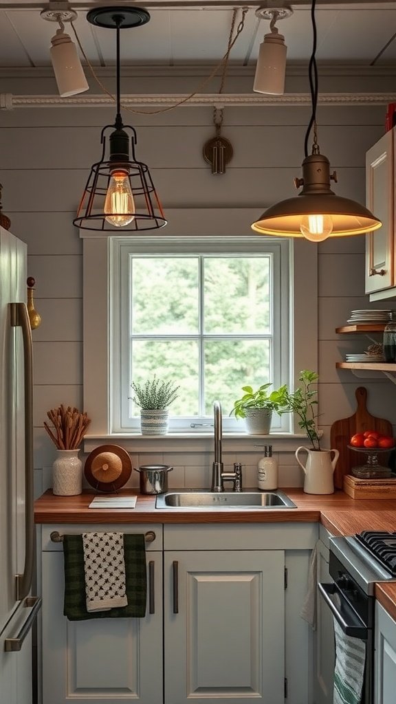 50 Creative Tiny Cottage Kitchen Ideas for Space-Savvy Living A cozy tiny cottage kitchen featuring unique light fixtures and a window with plants.