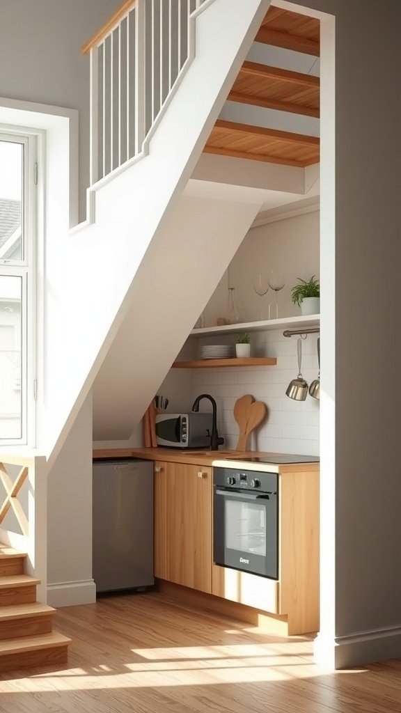 50 Creative Tiny Cottage Kitchen Ideas for Space-Savvy Living A small kitchen area under a staircase with wooden cabinets and open shelves.