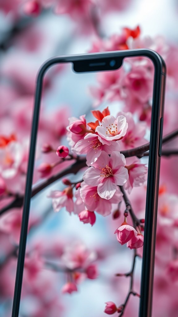 25 Stunning Cherry Wallpaper Designs for Your Phone A smartphone displaying cherry blossoms with a blurred background of more blossoms