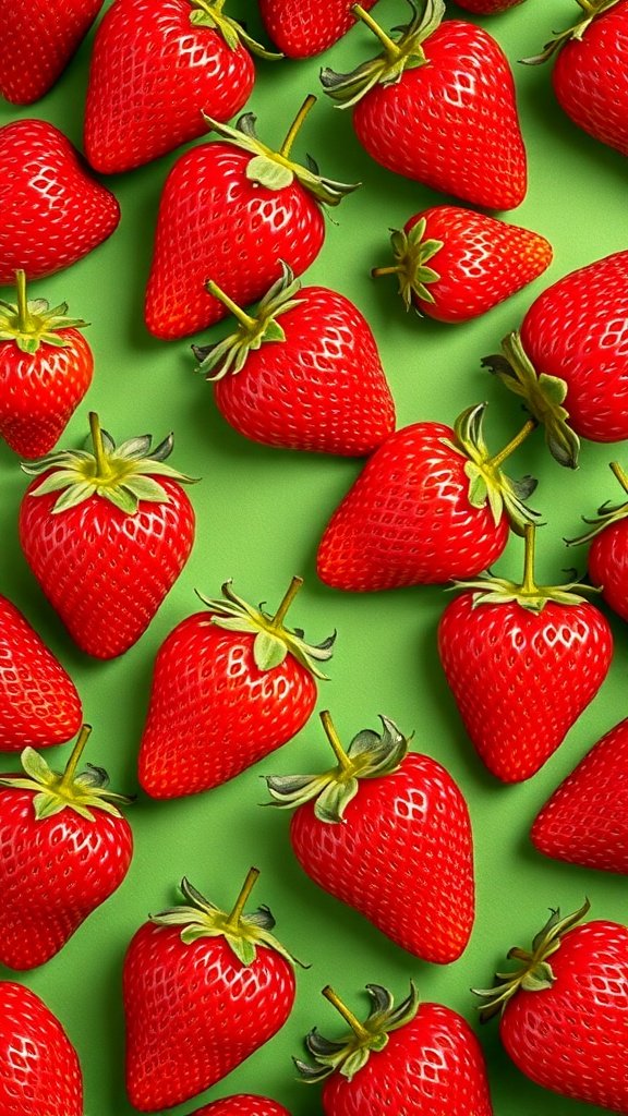 35 Stunning Strawberry Wallpaper Designs for a Fresh Look A pattern of bright red strawberries on a green background
