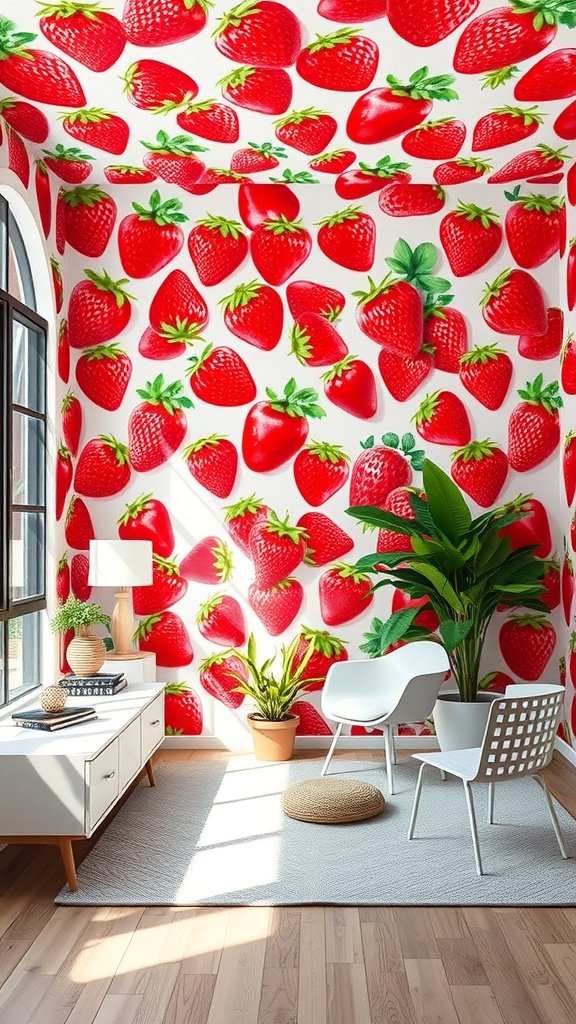 35 Stunning Strawberry Wallpaper Designs for a Fresh Look A bright room with strawberry wallpaper covering the walls and ceiling, featuring modern furniture and plants.