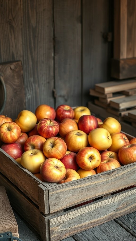 35 Stunning Apple Wallpapers for Your Device A wooden crate filled with red and yellow apples, set against a rustic background.