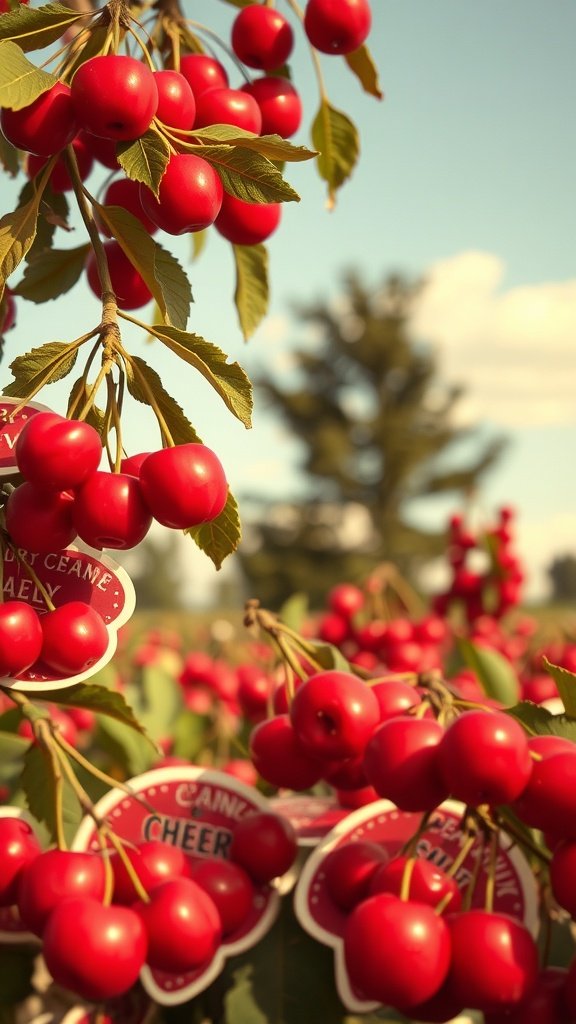 25 Stunning Cherry Wallpaper Designs for Your Phone Close-up of red cherries with vintage labels hanging from branches