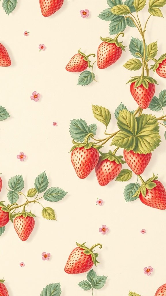35 Stunning Strawberry Wallpaper Designs for a Fresh Look Vintage strawberry wallpaper featuring red strawberries and green leaves on a cream background.