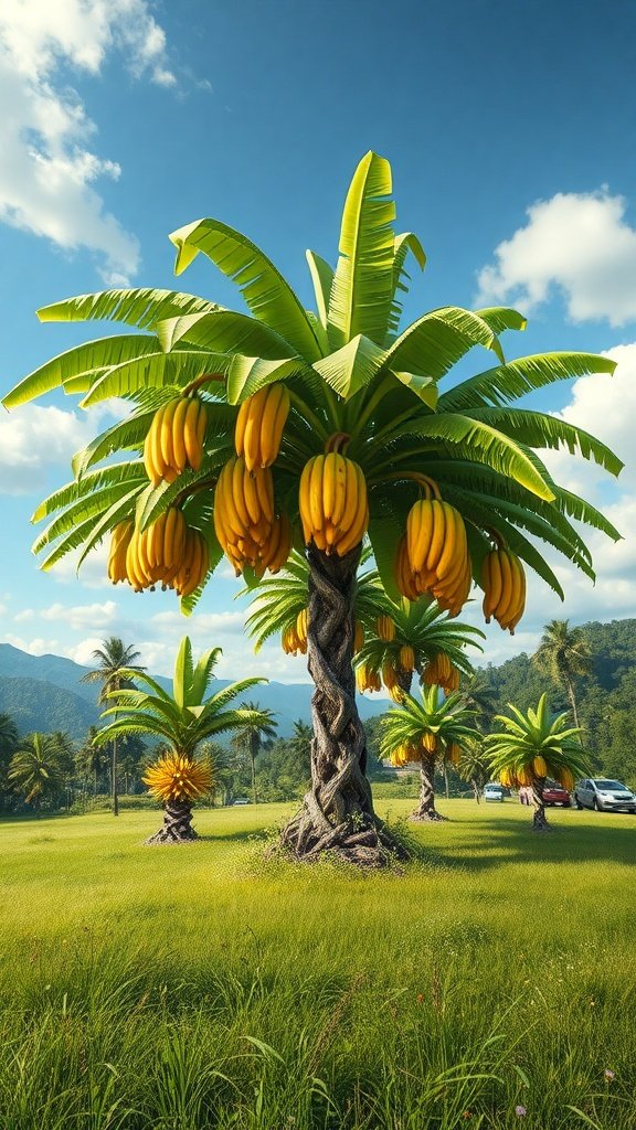25 Creative Banana Wallpaper Designs for Your Phone A sunny landscape featuring banana trees with ripe bananas under a blue sky.
