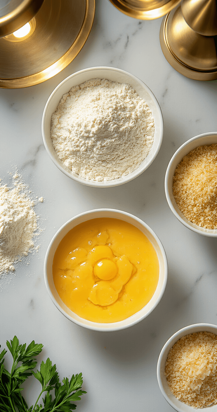 St. Louis Toasted Ravioli: A Crispy Midwest Appetizer Masterpiece A professional kitchen prep station showcasing three white ceramic bowls on a marble countertop, with seasoned flour, a yellow egg-buttermilk mixture, and Italian breadcrumbs with Parmesan, all illuminated by warm golden lighting. Fresh herbs and flour dust enhance the scene.