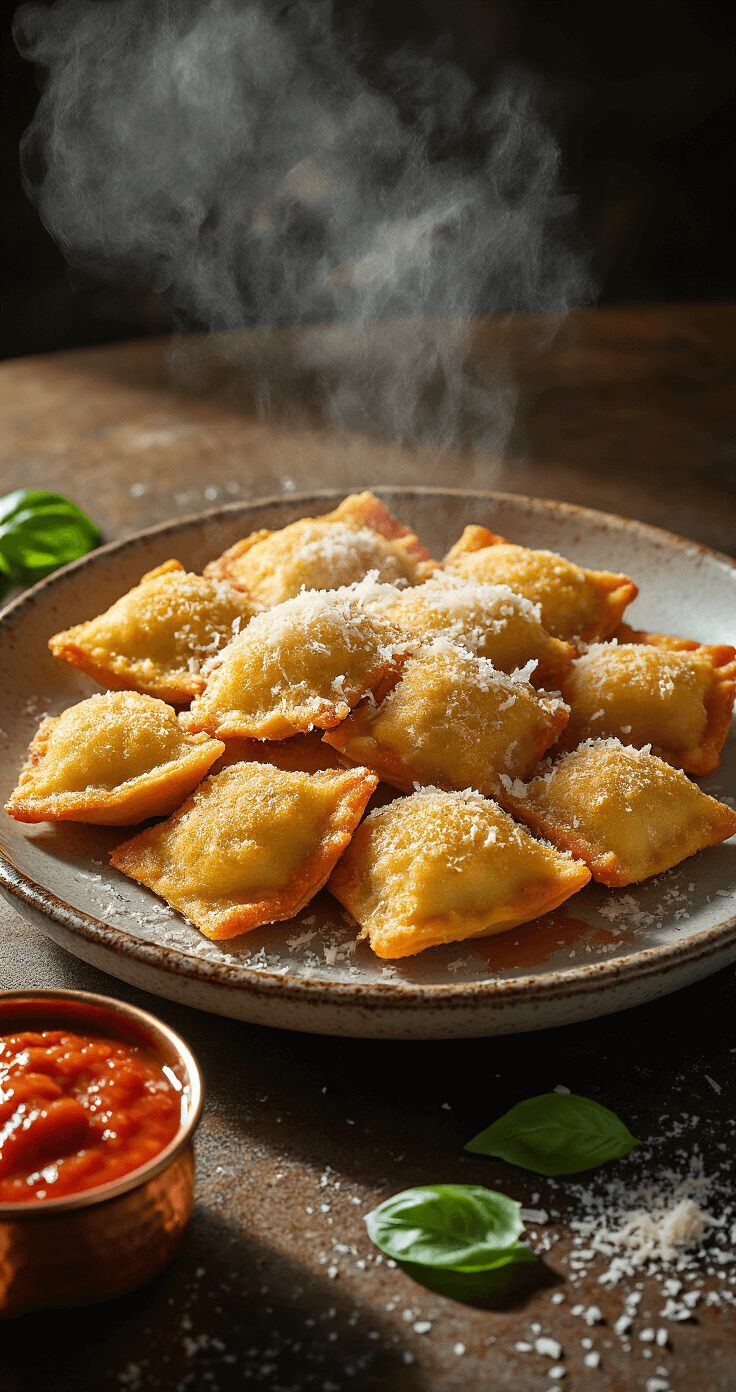 St. Louis Toasted Ravioli: A Crispy Midwest Appetizer Masterpiece Artfully arranged golden-brown toasted ravioli on a rustic ceramic plate, topped with freshly grated Parmesan, accompanied by a small copper bowl of marinara sauce and fresh basil, under moody restaurant lighting.