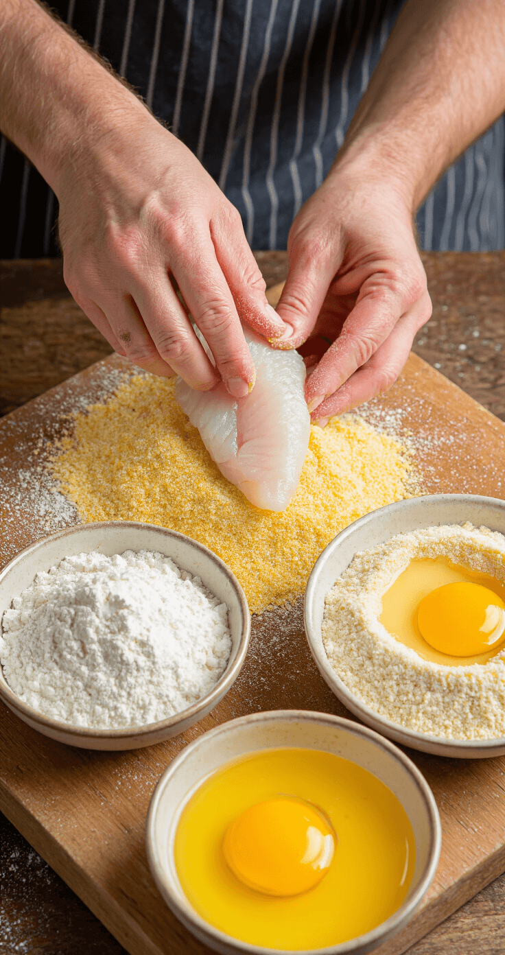 Nashville Hot Fish: Spicy Southern Seafood Sensation Close-up of hands dredging a white fish fillet in cornmeal on a wooden cutting board, with bowls of flour, beaten egg, and cornmeal arranged neatly in the background.
