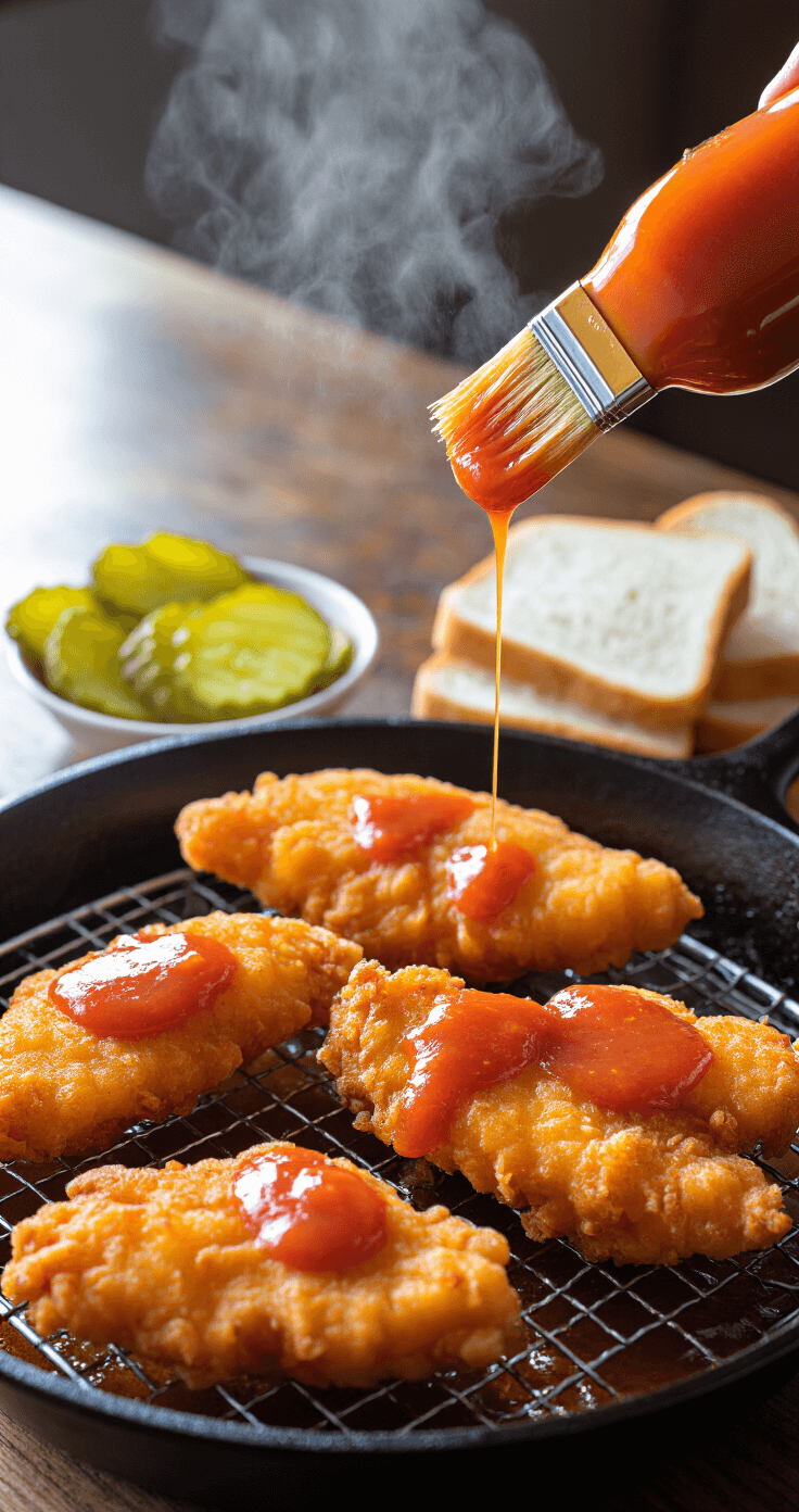 Nashville Hot Fish: Spicy Southern Seafood Sensation A wire rack holds golden-brown fried fish fillets being brushed with vibrant red-orange Nashville hot sauce, with steam rising in warm kitchen lighting. Pickles and white bread squares are arranged in the background, and a cast iron skillet with shimmering oil is visible.