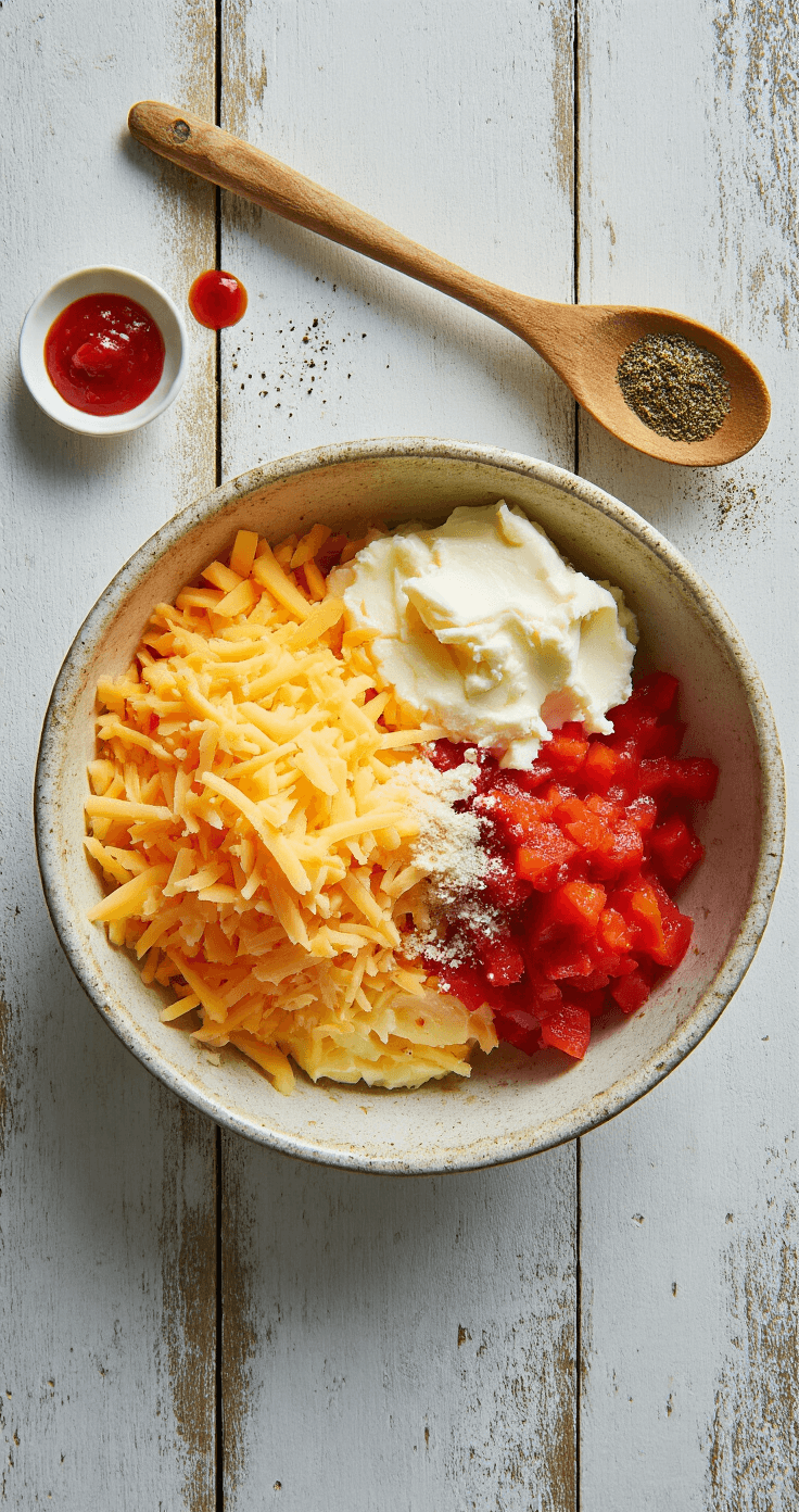 Pimento Cheeseburger: The Ultimate Southern Comfort Burger Close-up of a rustic bowl containing freshly grated sharp cheddar, cream cheese, and diced red pimentos, with a wooden spoon and drops of Tabasco on a weathered countertop.