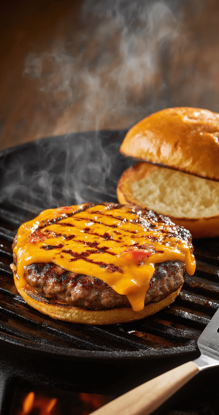 Pimento Cheeseburger: The Ultimate Southern Comfort Burger Dramatic overhead view of a sizzling burger patty on a cast-iron grill with melting pimento cheese, accompanied by a toasted brioche bun; steam rises against rich evening lighting, highlighting the caramelized meat and vibrant cheese.