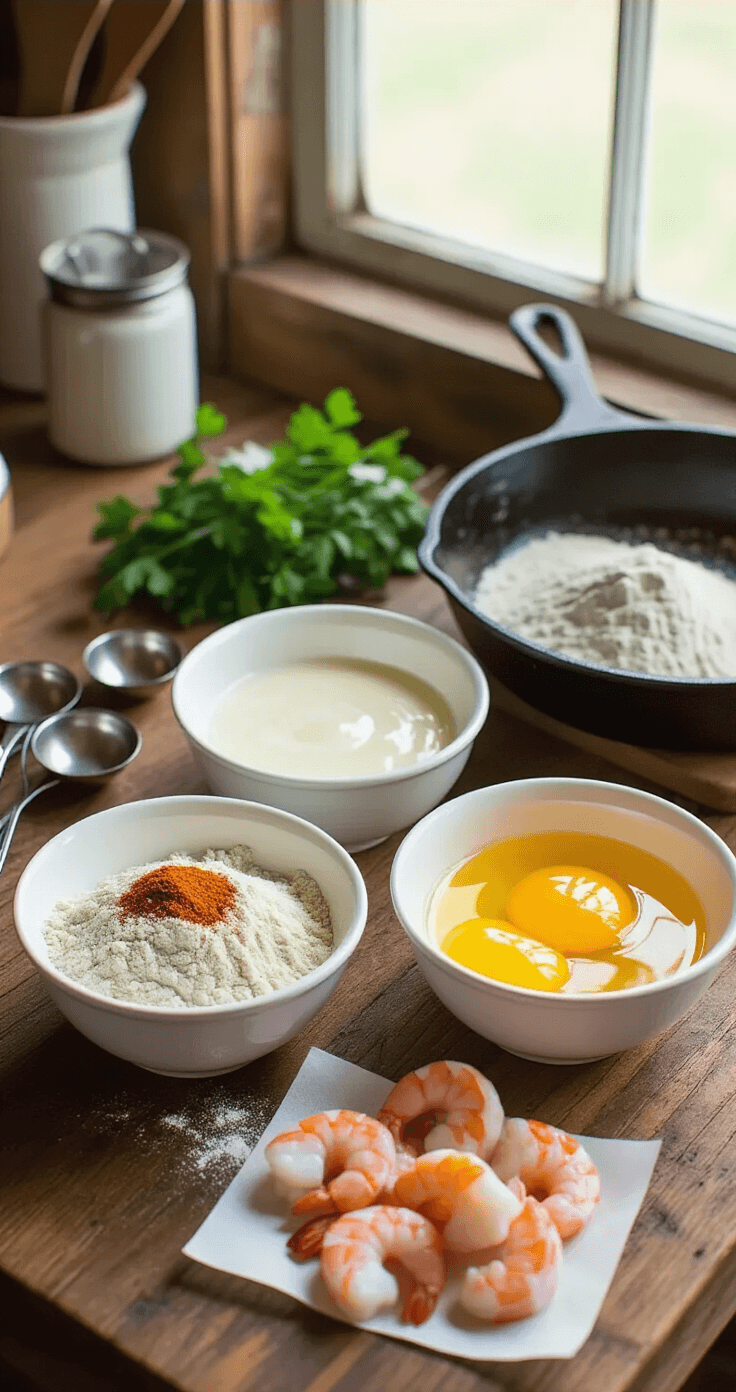 Crispy Chicken Fried Shrimp: The Ultimate Southern Seafood Delight A rustic wooden kitchen countertop with natural light, featuring three white ceramic bowls: a flour-spice blend, golden beaten eggs with buttermilk, and peeled shrimp. A vintage cast iron skillet and measuring spoons are nearby, along with fresh herbs.