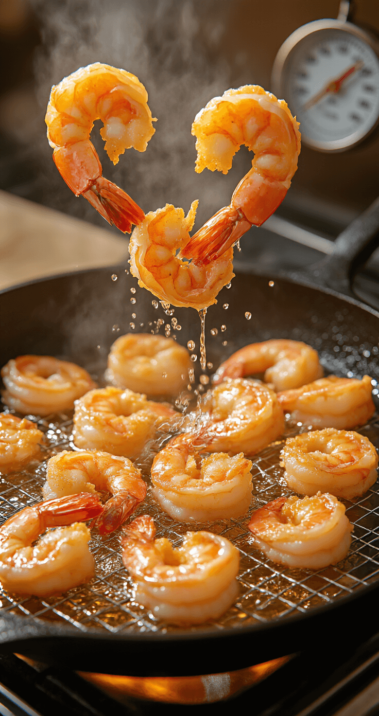 Crispy Chicken Fried Shrimp: The Ultimate Southern Seafood Delight Dynamic close-up of large shrimp being lowered into golden oil in a cast iron skillet, with textured flour-dredged shrimp, steam rising, and perfectly fried pieces on a wire rack in a softly lit southern kitchen.