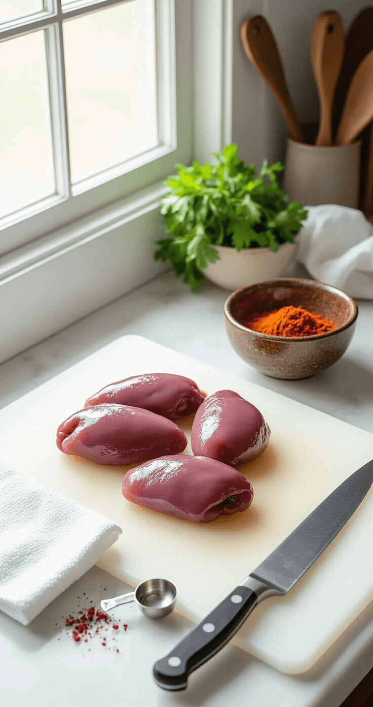 Crispy Pan-Fried Chicken Livers with Caramelized Onions A bright professional kitchen with fresh chicken livers on a white cutting board, a sharp knife, measuring spoons, and a rustic bowl of spices, showcasing the raw ingredients beautifully.