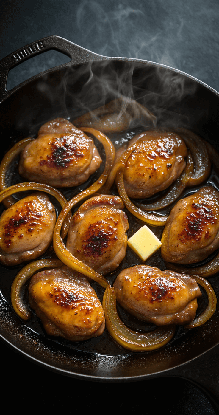 Crispy Pan-Fried Chicken Livers with Caramelized Onions Aerial view of a cast-iron skillet with searing golden-brown chicken livers and translucent caramelized onions, illuminated by warm kitchen light, with steam rising against a dark background.
