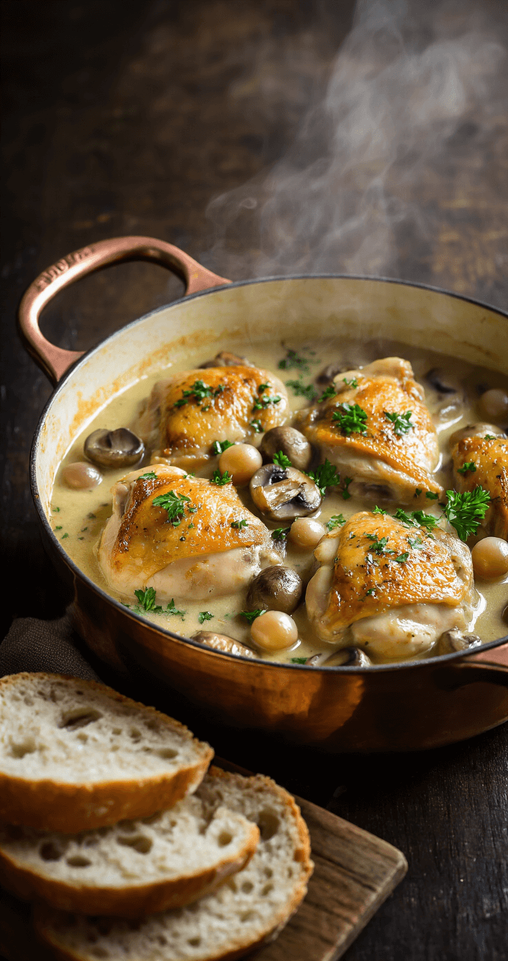 Chicken Fricassee: Classic French Comfort Food Elegant chicken fricassee in a vintage copper Dutch oven, featuring tender chicken, golden-brown mushrooms, pearl onions, and creamy herb-flecked sauce, garnished with fresh parsley and served with artisanal bread on a dark wooden table.