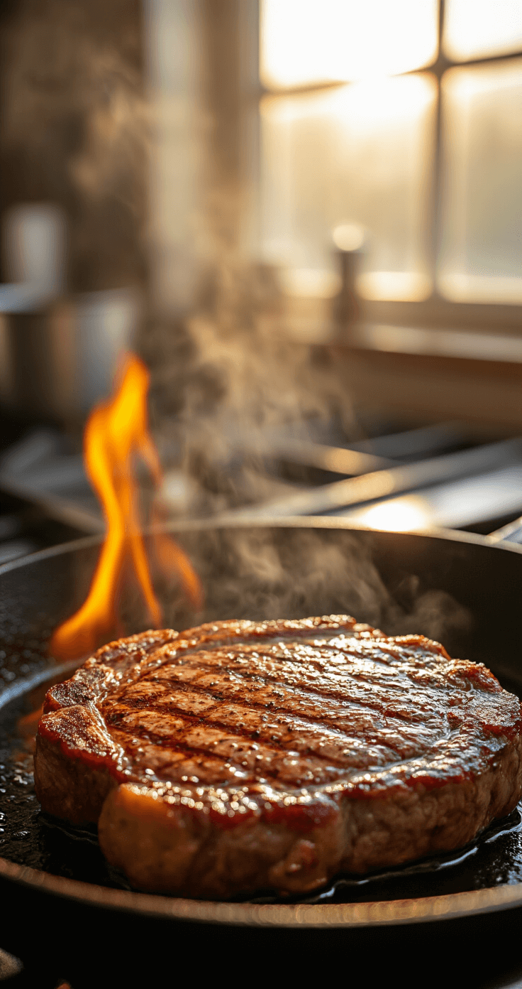 Pittsburgh Steak Salad: A Classic Motor City Comfort Dish Close-up of a marbled ribeye steak searing in a cast-iron skillet with flames, illuminated by golden evening light, showcasing a caramelizing crust and Montreal spice seasoning, with steam rising in a moody kitchen setting.