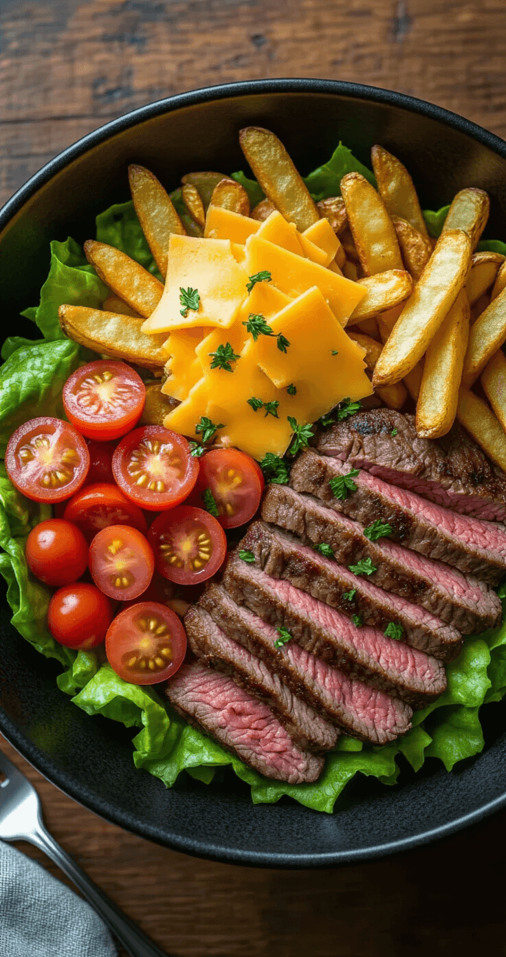 Pittsburgh Steak Salad: A Classic Motor City Comfort Dish Overhead view of a Pittsburgh Steak Salad in a matte black bowl, featuring layers of romaine lettuce, tomatoes, crispy fries, sliced medium-rare steak, melted cheddar, and fresh herbs on a rustic wooden table.