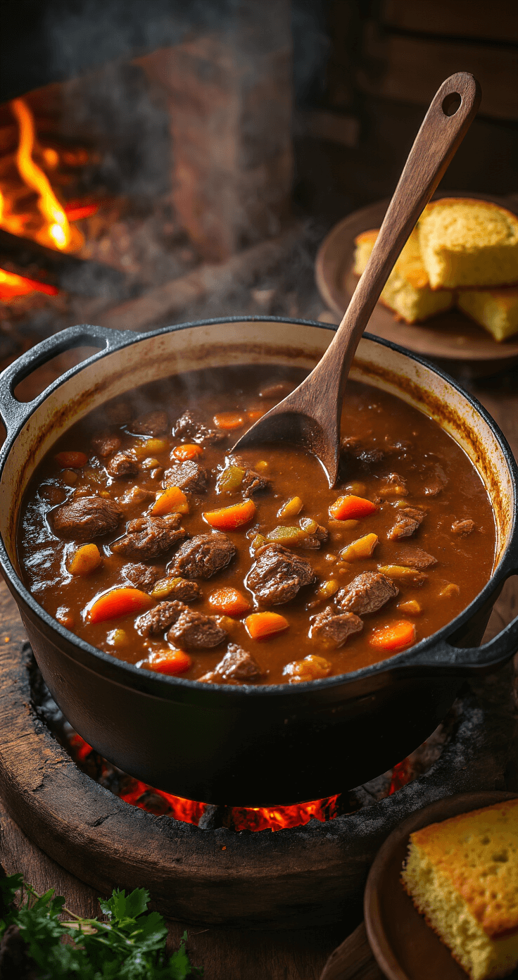 Kentucky Burgoo: The Ultimate Multi-Meat Stew That Feeds an Army A hearty cast-iron pot of rich Kentucky Burgoo stew with a wooden spoon, surrounded by tender meat and colorful vegetables, set against a warm hearth-side scene with cornbread on a rustic table.