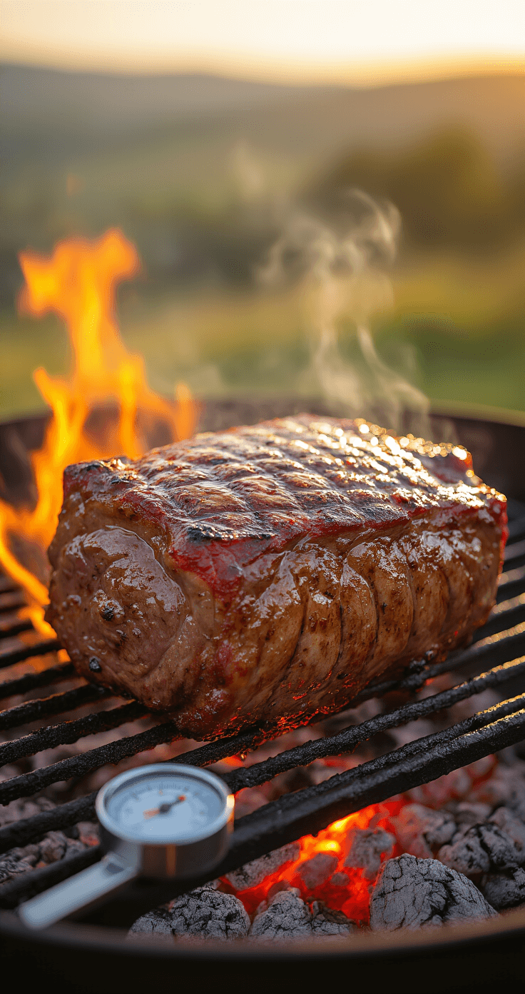 Baltimore Pit Beef Sandwich: The Ultimate Maryland Grilling Masterpiece A beef roast searing on a charcoal grill with flames and smoke, showcasing caramelization and char marks, illuminated by golden hour light, with steam rising and glowing embers visible; a meat thermometer positioned in the foreground against a blurred background.