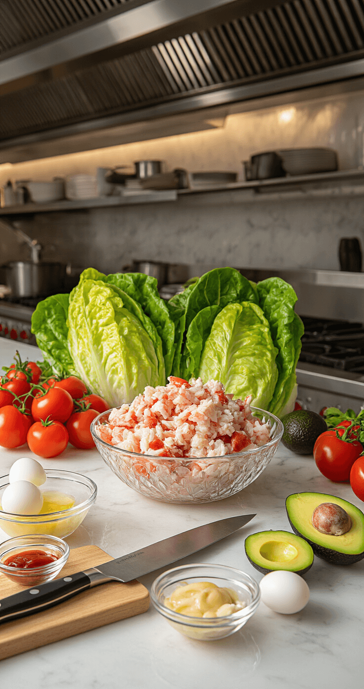 Crab Louie Salad: The Ultimate West Coast Classic Seafood Feast Bright, professional kitchen with dramatic lighting highlights a marble countertop adorned with fresh lump crab meat in a crystal bowl, surrounded by crisp romaine lettuce, ripe tomatoes, avocados, and hard-boiled eggs, with a chef's knife on a cutting board and small glass bowls of dressing ingredients.