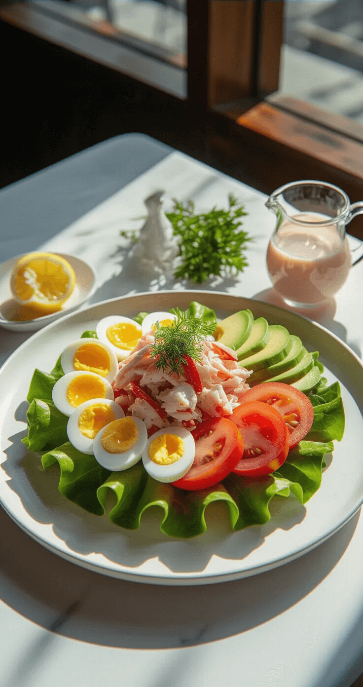 Crab Louie Salad: The Ultimate West Coast Classic Seafood Feast Sunlit table showcasing a Crab Louie Salad on a white ceramic plate, featuring crab meat, romaine lettuce, quartered eggs, avocado, tomato wedges, pink Louie dressing, lemon wedge, and fresh herbs.