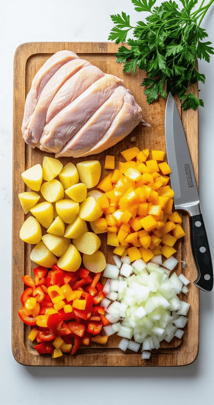 Turkey Hash: The Ultimate Leftover Transformation Dish Overhead view of a wooden cutting board with diced turkey, cubed golden potatoes, diced bell peppers, and chopped onions in separate piles, accompanied by a chef's knife and scattered parsley leaves, illustrating a professional mise en place.
