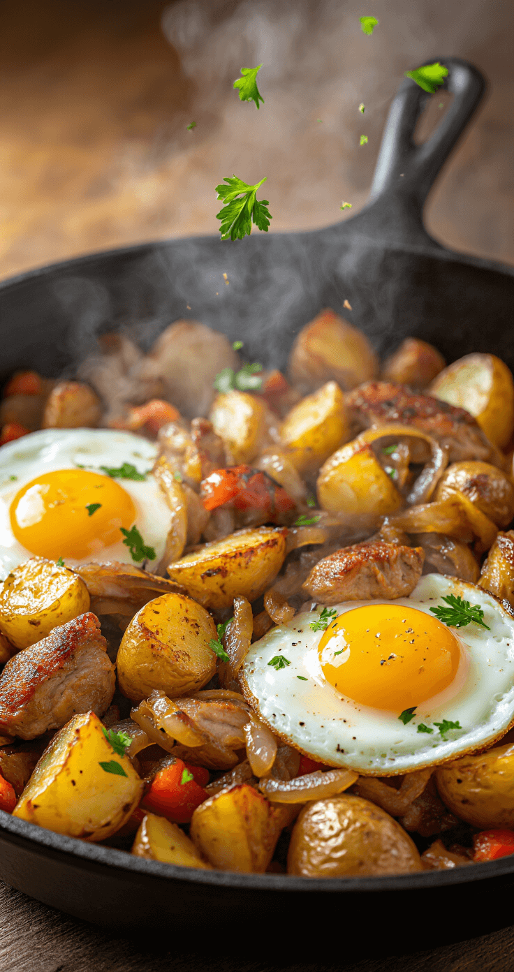 Turkey Hash: The Ultimate Leftover Transformation Dish Close-up of a sizzling cast iron skillet filled with crispy golden potatoes, tender turkey pieces, and caramelized onions and peppers, topped with two vibrant fried eggs and steam rising in warm kitchen lighting.