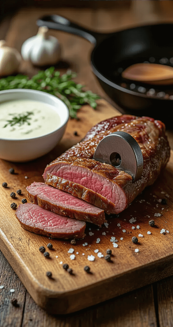 Chicken Fried Venison Steak: Southern Wild Game Comfort Classic Rustic wooden cutting board under warm lighting, showcasing thinly sliced venison backstrap being pounded with a steel meat mallet, surrounded by scattered peppercorns and sea salt. Nearby, a bowl of creamy buttermilk marinade with fresh herbs and garlic cloves, and a cast iron skillet in the background.