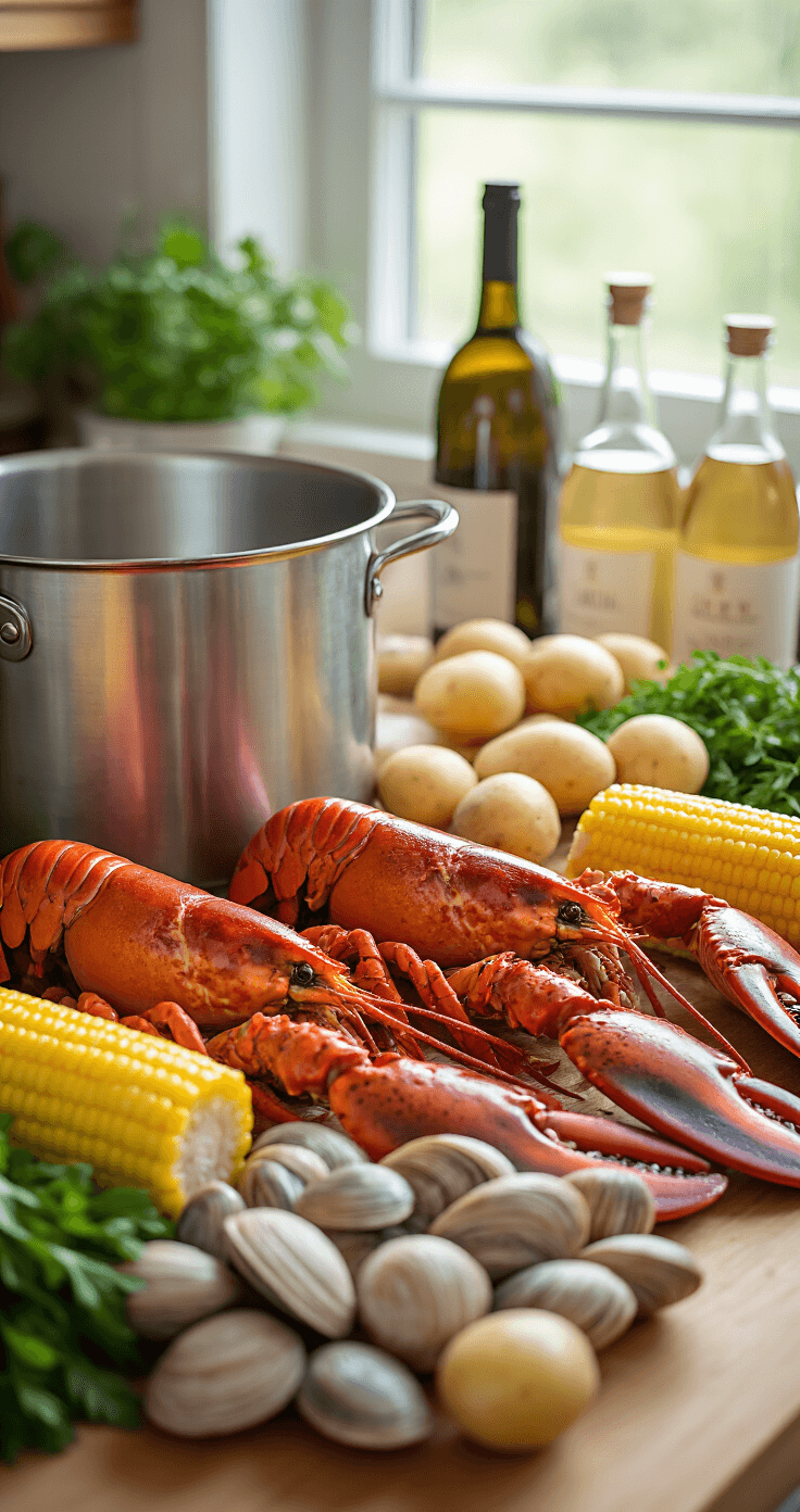 New England Clambake: The Ultimate Seafood Feast A well-lit kitchen counter featuring fresh seafood ingredients including live lobsters, clams, and corn, with new potatoes and herbs, alongside a large steel pot and wine bottles, all beautifully arranged.